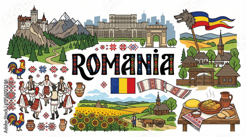 Vibrant Romania Cultural Elements Vector Illustration with Bucharest, Bran Castle, and Traditional Symbols