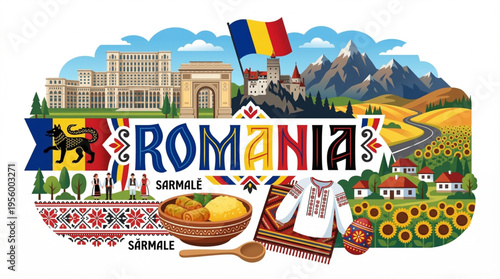 Vibrant Romania Cultural Elements Vector Illustration with Bucharest, Bran Castle, and Traditional Symbols