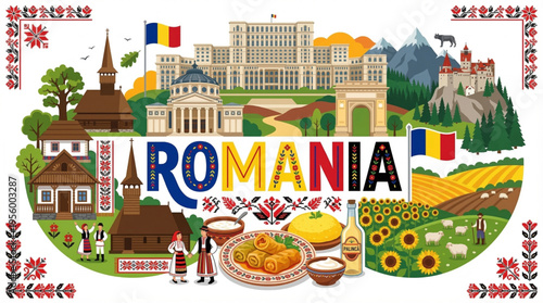 Vibrant Romania Cultural Elements Vector Illustration with Bucharest, Bran Castle, and Traditional Symbols