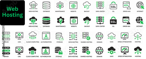Vector of Web Hosting icon set. Set of icons related to cloud computing, cloud services, server, cyber security, digital transformation. Editable stroke. 