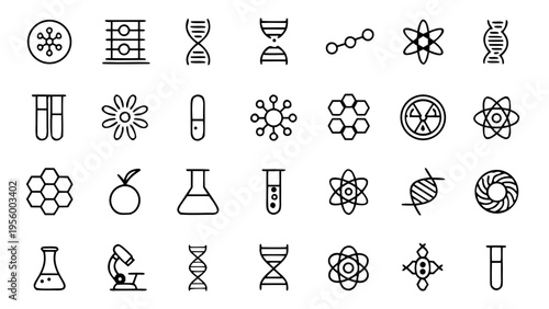 A detailed grid of forty-five white linear science and laboratory icons featuring equipment like microscopes and test tubes on a solid black background.