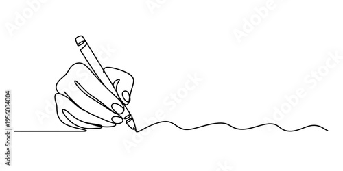 Minimalist single continuous line drawing of a human hand holding a pen and writing on a surface Vector, illustration