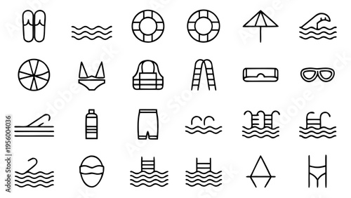 A set of forty-five white linear outline icons for swimming and pool activities arranged in an organized grid on a pitch black background.