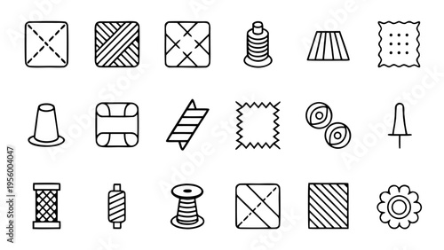 Forty-five white vector outline icons representing textile manufacturing steps and clothing care instructions on a solid black background.