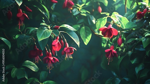 Deep red Fuchsia flowers gracefully hang among lush green leaves in a vibrant garden