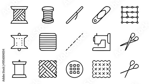 A collection of forty-five white linear outline icons for the clothing and textile sector arranged in a neat grid on a dark black background.