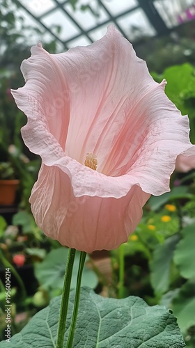 Single pink calystegia flower showcases its delicate, ruffled petals against a backdrop of verdant foliage
