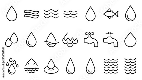A grid of forty-five white outline vector icons depicting water themes like plumbing and hydration is arranged on a solid black background.