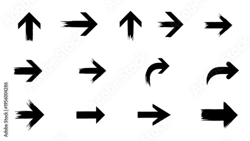 Dynamic black brushstroke arrow icons for modern graphic design. Grunge textured pointers for web navigation and user interfaces.