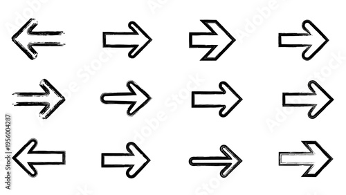 Dynamic vector collection of diverse hand-drawn grunge-style directional arrow and pointer symbols for modern navigation and interface design elements.