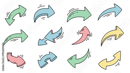 Dynamic hand-drawn doodle arrows in pastel colors, indicating various directions and movements, perfect for graphic design elements
