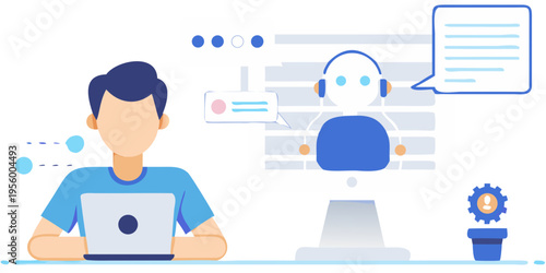 Man participates in a virtual meeting with an ai robot avatar