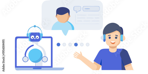 A person video conferencing with a friendly robot assistant on a laptop