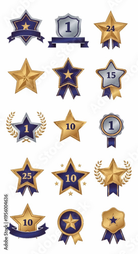 Collection of gold and blue star badges.