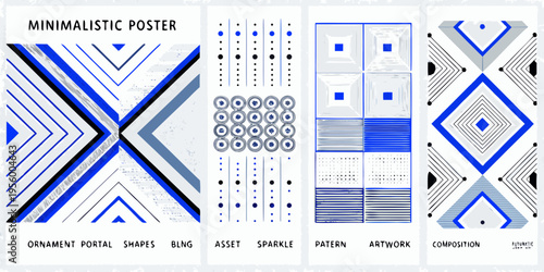 Four minimalist posters featuring geometric shapes and blue color schemes