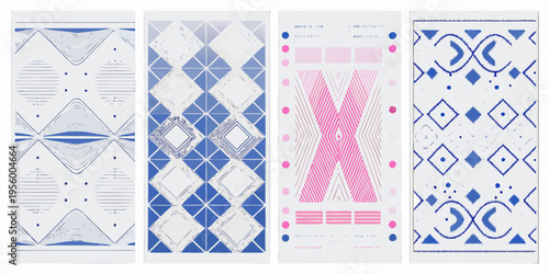 Four vertically oriented patterned rugs displayed side by side