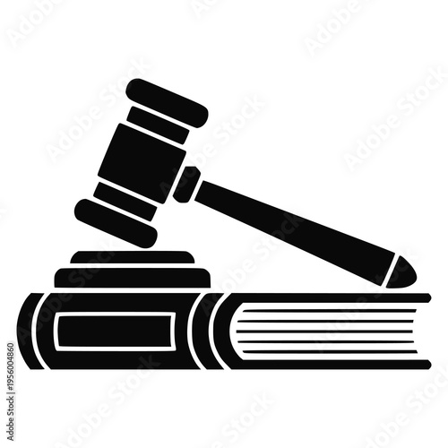 A black and white icon depicting a gavel resting on a book, symbolizing law, justice, and legal authority.