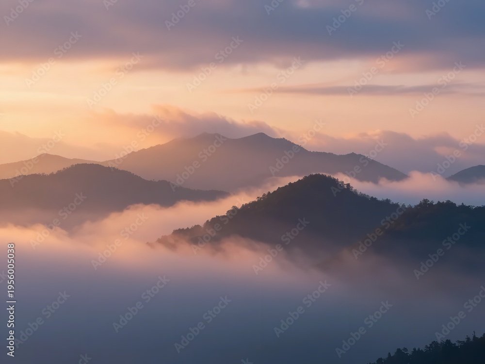 Fototapeta premium Tranquil sunrise over misty mountains with soft pastel sky and rolling fog