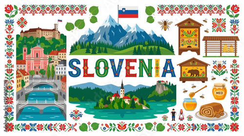 Vibrant Slovenia Cultural Elements Vector Illustration with Ljubljana, Lake Bled, and Alpine Scenery