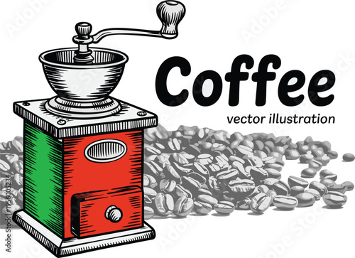 Vintage coffee grinder vector illustration with coffee beans, hand drawn retro cafe mill for menu,