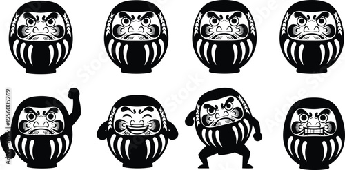 Collection of black daruma doll silhouettes featuring various japanese traditional mascot expressions and poses for culture history design vector illustration cad drawing sets.