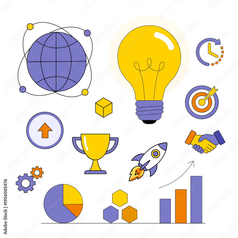 Fototapeta premium Innovation and marketing icon bundle with rocket, trophy, and growth charts