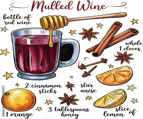 Hand drawn mulled wine recipe vector illustration with orange, cinnamon, star anise, honey and spices,