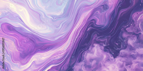 Abstract dreamy fluid art painting in shades of purple and white, evoking a sense of calm and serenity. Swirling colors create an enchanting, artistic, and abstract pattern. 