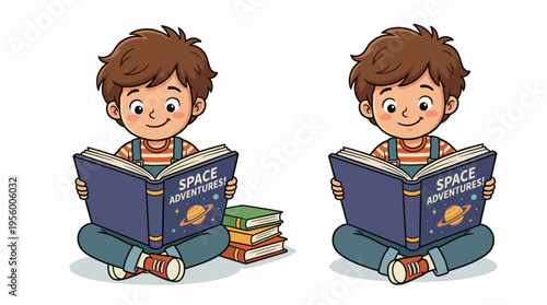 Two boys reading books sitting down.