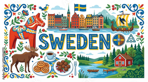 Vibrant Sweden Cultural Elements Vector Illustration with Stockholm, Dala Horse, and Nordic Scenery