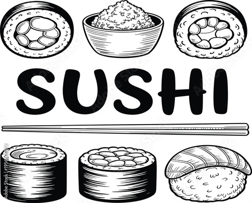 Hand drawn sushi vector sketch set with maki rolls, nigiri, ginger bowl, chopsticks and bold text
