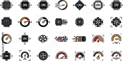 CPU performance and speed meter icon vector set with processor technology gauges cooling fan illustration