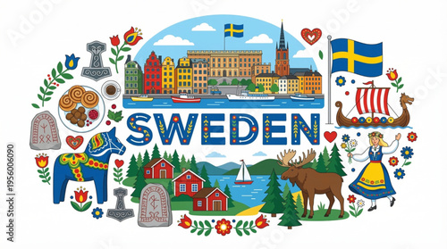 Vibrant Sweden Cultural Elements Vector Illustration with Stockholm, Dala Horse, and Nordic Scenery