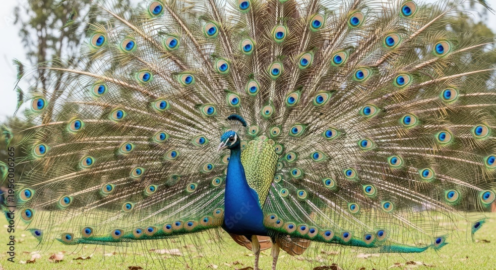 Obraz premium Vibrant peacock displaying feathers outdoors against green background