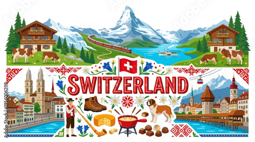 Vibrant Switzerland Cultural Elements Vector Illustration with Zurich, Lucerne, and Alpine Scenery