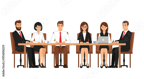Diverse business team meeting at conference table corporate flat vector illustration set on solid white background