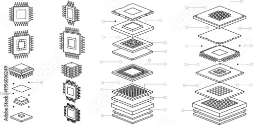 Microchip layers and processor architecture line vector illustration with exploded view circuit technology components design