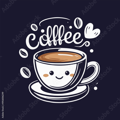 Joyful Coffee Cup Design: A charming illustration features a smiling coffee cup, overflowing with rich, aromatic coffee, surrounded by coffee beans and a heart.