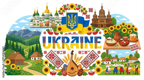 Vibrant Ukraine Cultural Elements Vector Illustration with Kyiv, Carpathians, and Folk Symbols