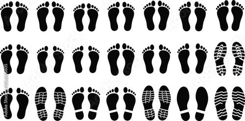 Black footprint and shoe print arranged in rows on a white background sole print track