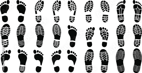 Collection of black footprint and boot sole imprints on white background boot print sole print shoe print