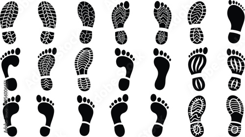 Collection of black footprint and shoe sole imprints on white background shoe print 1