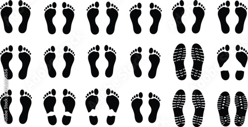 Collection of black footprint and boot sole imprints on white background footprints boot print