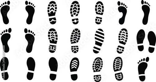 Collection of black footprint and shoe sole imprints on white background shoe print walking steps