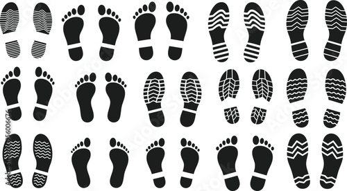 Collection of black footprint and shoe sole imprints on white background shoe print