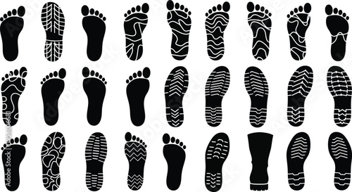 Collection of black footprint and shoe sole silhouette with various patterns black and white