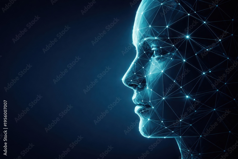 Obraz premium AI Human Face Digital Neural Network Intelligence and Data Connectivity Technology Concept