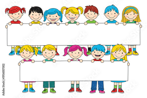 Happy cartoon children group holding blank banners and smiling cheerfully together in unity and teamwork illustration