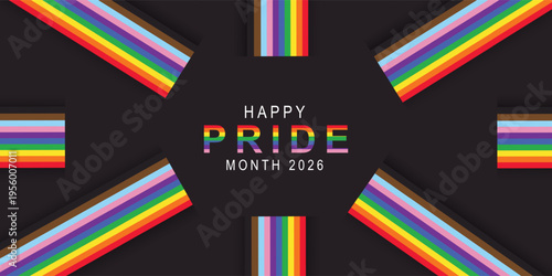 Happy Pride Month 2026 Background with Colorful bow and Bright Pride Month Geometric. set of Gay and LGBT banner, poster, card wallpaper design for Gay Pride Month.