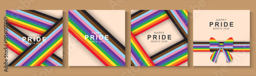 Happy Pride Month 2026 Background with Colorful bow and Bright Pride Month Geometric. set of Gay and LGBT banner, poster, card wallpaper design for Gay Pride Month.